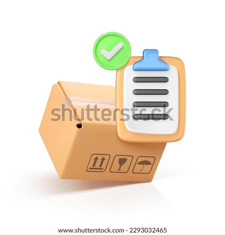 3D cardboard box and clipboard with tick. Confirmed order delivery concept. Shipment checklist. Delivery of order in cardboard box. Fast delivery concept. Mail by courier. Vector illustration
