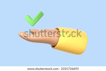 3D cartoon hand holding green check mark icon. Hand holds a Done sign. Approval concept. Vector 3d illustration