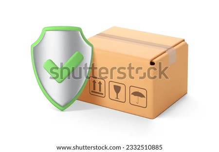 3D parcel box and shield with green check mark. Shipping Insurance, transportation safety and logistics concept. Vector 3d illustration
