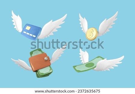 3D wallet, credit card, gold coin and dollar bill with wings isolated on blue background. Finance and banking concept. Vector 3d illustration