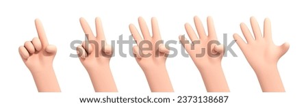 3D cartoon hands counting from one to five isolated on white background. Set of palms with raised fingers. Cartoon set of counting hands. Hands gesture numbers. Vector 3d illustration