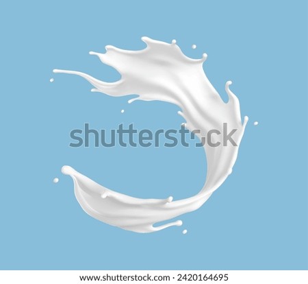 Milk splash isolated on blue background. Natural dairy product, yogurt or cream splash with flying drops. Realistic Vector illustration