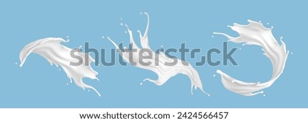 Milk splash set isolated on blue background. Natural dairy product, yogurt or cream splash. Moisturizing lotion, white cosmetics splashing.  Realistic vector illustration