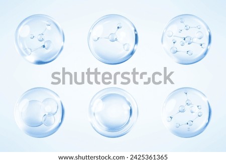 Molecules inside bubbles on blue background. Collagen serum bubble. Cosmetic essence. Concept skin care cosmetics solution. Vector 3d illustration