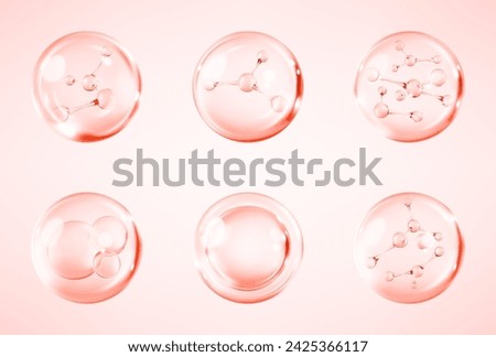 Molecules inside bubbles on pink background. Collagen serum bubble. Cosmetic essence. Concept skin care cosmetics solution. Vector 3d illustration