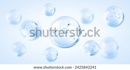 Molecule inside bubble on blue background. Blue collagen serum drops. Concept skin care cosmetics solution. Vector illustration
