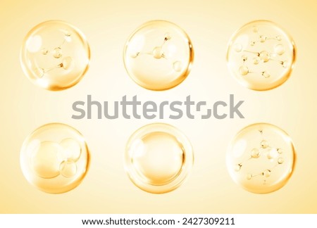 Molecules inside bubbles. Collagen serum bubble. Cosmetic essence. Concept skin care cosmetics solution. Vector 3d illustration