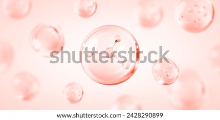 Molecule inside bubble on pink background. Pink collagen serum drops. Concept skin care cosmetics solution. Vector illustration