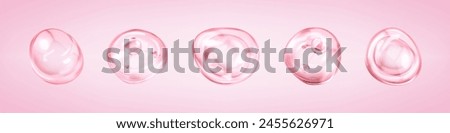 Molecules inside bubbles on pink background. Collagen serum bubble. Cosmetic essence. Concept skin care cosmetics solution. Vector 3d illustration
