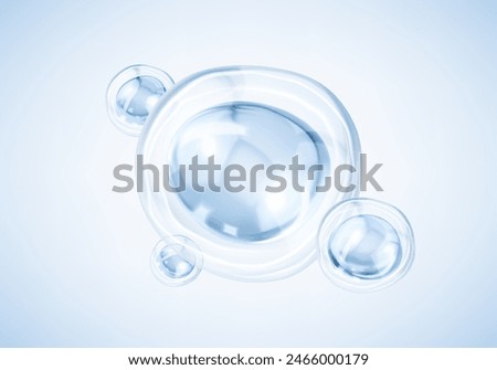 Transparent blue liquid bubbles. Collagen serum bubbles. Cosmetic essence. Concept skin care cosmetics solution. Vector 3d illustration