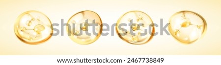 Golden molecules inside bubbles. Collagen serum drops. Cosmetic essence, oil bubble. Concept skin care cosmetics solution. Vector 3d illustration