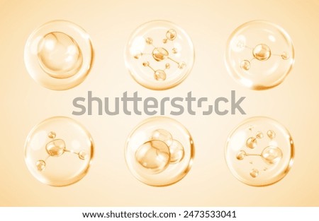 Molecules inside bubbles on yellow background. Collagen serum bubble. Cosmetic essence. Concept skin care cosmetics solution. Vector 3d illustration