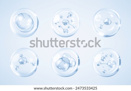 Molecules inside bubbles on blue background. Collagen serum bubble. Cosmetic essence. Concept skin care cosmetics solution. Vector 3d illustration
