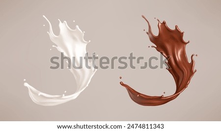 Milk and chocolate splash. Milkshake and melted brown choco. Realistic vector illustration