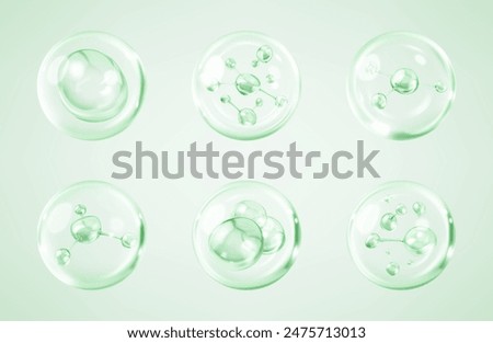 Molecules inside bubbles on green background. Collagen serum bubble. Cosmetic essence. Concept skin care cosmetics solution. Vector 3d illustration