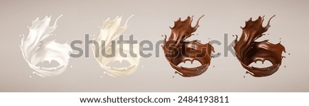 Milk and chocolate splashes. Milkshake and melted choco. Realistic vector illustration