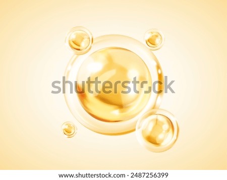 Transparent golden liquid bubbles. Golden yellow bubble oil or serum isolated on yellow background. Concept skin care cosmetics solution