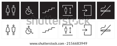 Modern Icons vector. Gender pictogram. Restroom signage. Elevator and Exit and No Smoking sign.