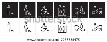 Gender icon. Man and Woman icons. Modern simple Icons vector. Restroom pictogram signage. Elevator, escalator, and WC linear sign symbol.