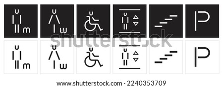 Gender icon. Man and Woman icons. Modern simple Icons vector. Restroom pictogram signage. Elevator, stairs, parking and WC linear sign symbol.