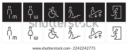Gender icon. Man and Woman icons. Modern simple Icons vector. Restroom pictogram signage. Stairs, escalator, EXIT, and WC linear sign symbol.