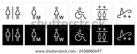 Gender symbol icon. Restroom for Man, Women and Disabled icon set. Elevator and escalator sign. linear vector sign. WC symbol.