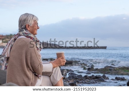 Similar – Image, Stock Photo Senior lady admiring sunset over ocean from boardwalk