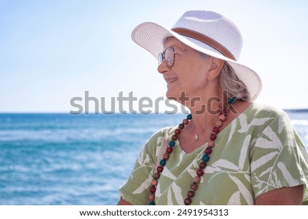 Similar – Image, Stock Photo Senior lady admiring sunset over ocean from boardwalk