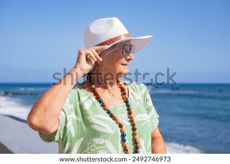 Similar – Image, Stock Photo Senior lady admiring sunset over ocean from boardwalk