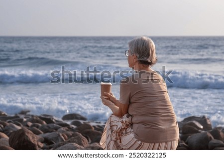 Similar – Image, Stock Photo Senior lady admiring sunset over ocean from boardwalk