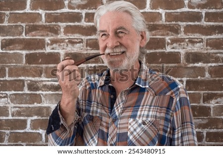 Image, Stock Photo Ethnic man smoking in studio with neon lights