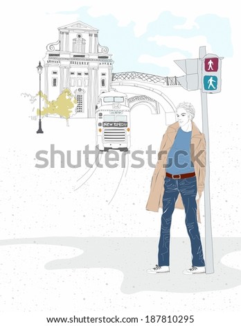 Illustration of a man waiting for a train to new york city
