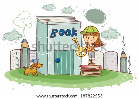 Illustration of girl with key opening book
