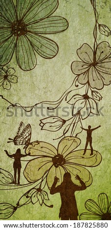 Illustration of people on flowers