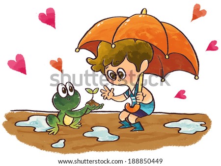 nature conservation and young boy with frog