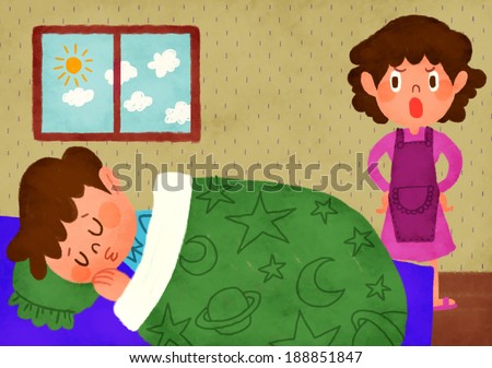 Illustration of mother waking child for school