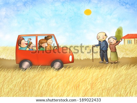 Illustration of family saying goodbye to grandparents
