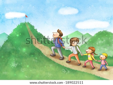 Illustration of family hiking