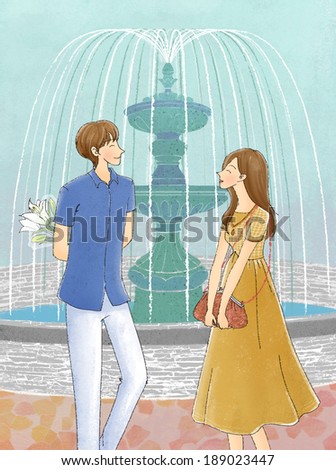 Illustration of couple at water fountain