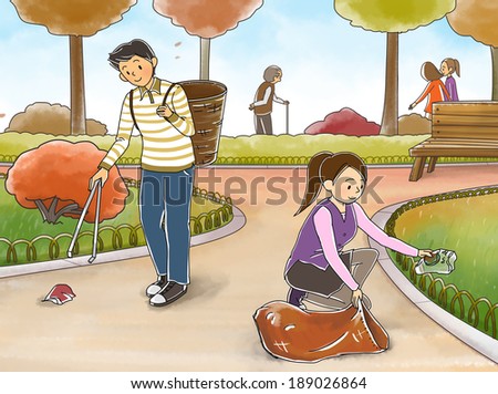 Illustration of education and picking up garbage