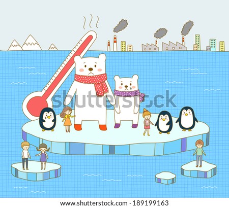 Illustration of children with animals on iceberg