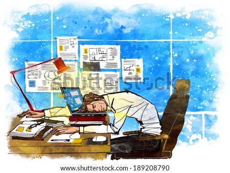 Illustration of business man sleeping at desk