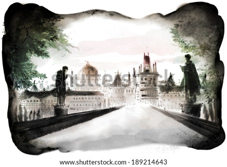 Illustration of city temples and buildings