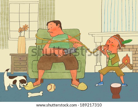 Illustration of life style, boy playing joke on dad with sleeping