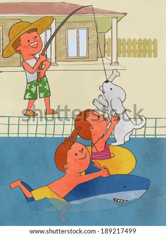 Illustration of life style and kids playing in swimming pool
