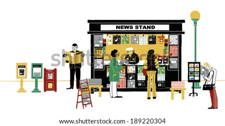 Illustration of city life and news stand