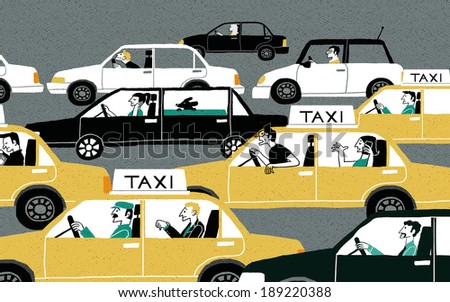 Illustration of city life and yellow cab