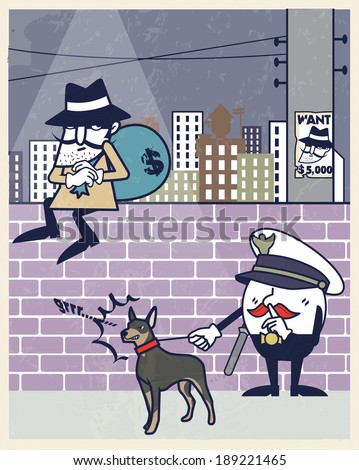 Illustration of a police character catching a bank robber