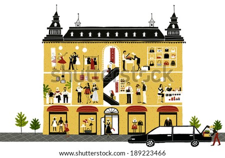 Illustration of city life and different stores and business