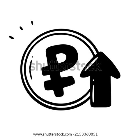 The growth of the Russian ruble. The ruble soared. A coin with a ruble symbol and an arrow pointing upwards in a linear doodle style. Vector isolated illustration.